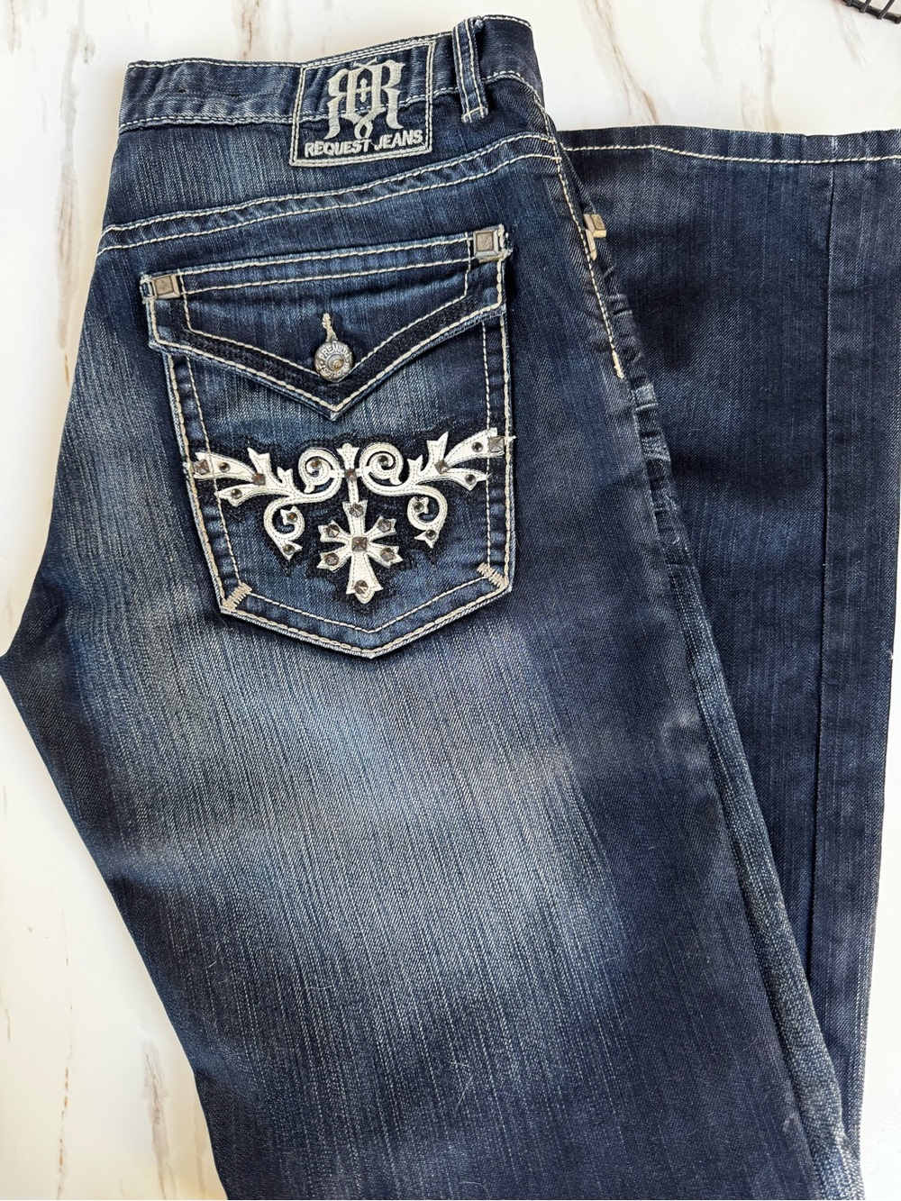 Request Jeans Men’s Dark Blue Embroidered Bootcut Jeans